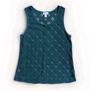 LOFT Y2K Tank Top Womens Medium Teal Knit Lace Ethereal Mesh Tanktop Geometric